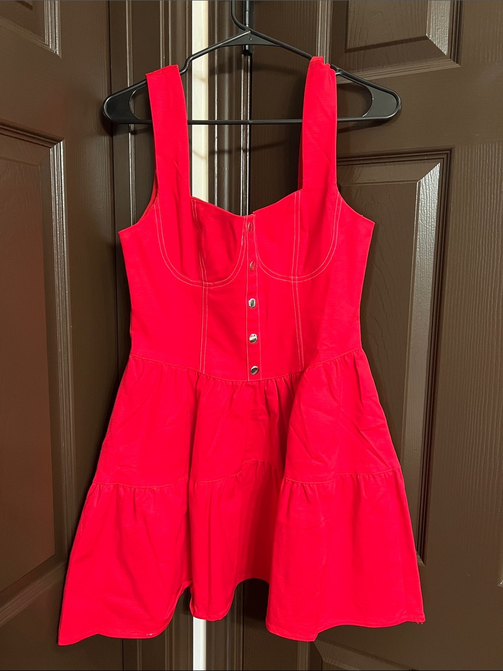 Astr NWT Vibrant Red Tiered Mini Dress with Button Front